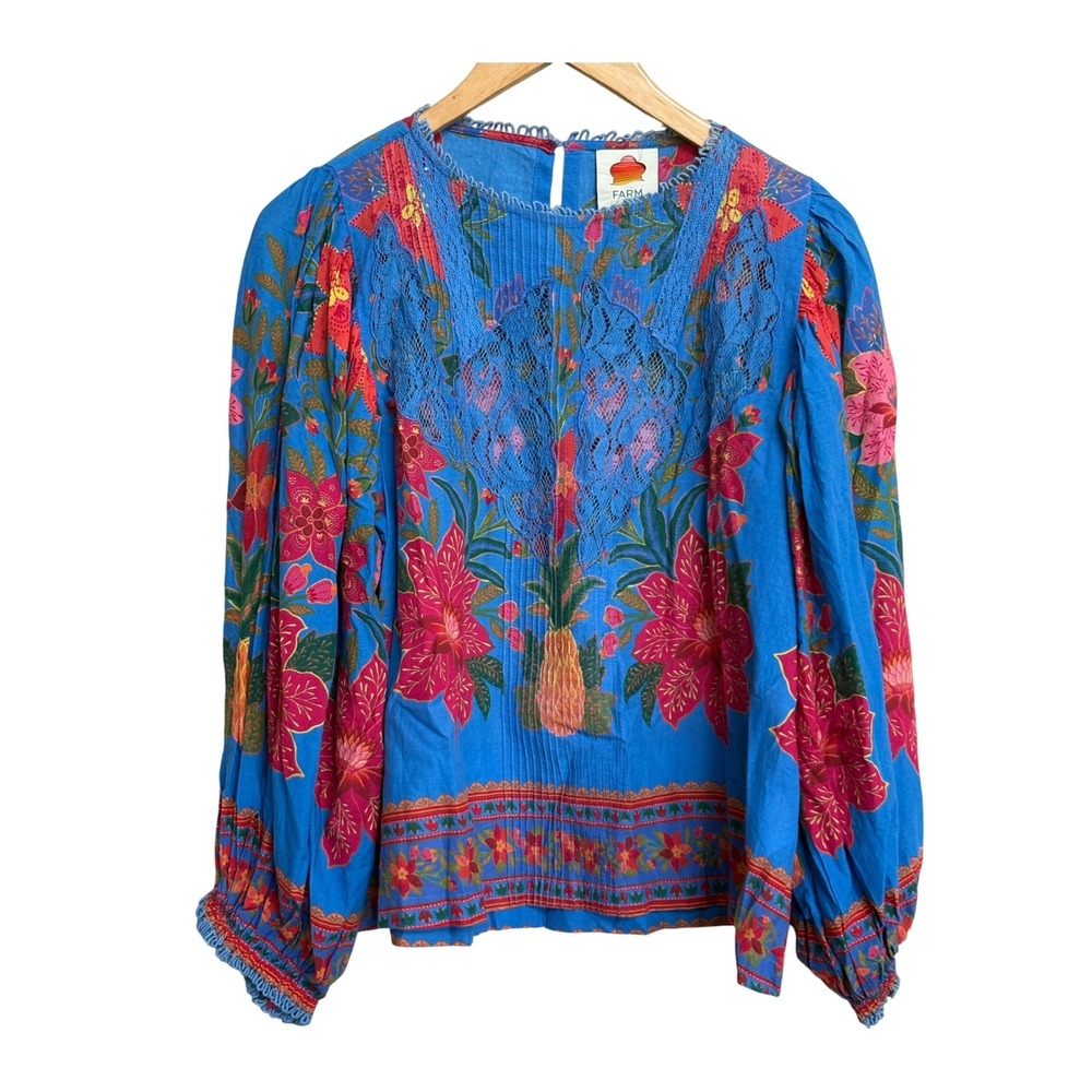 Farm Rio Wonderful Bouquet Blue Long-Sleeve Blouse Blue Tropical Blouse XS